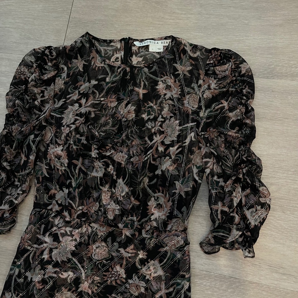 Veronica Beard Mitjana Floral Silk Dress Size 0 Black Ruched Sleeve Midi Chic - Picture 12 of 16